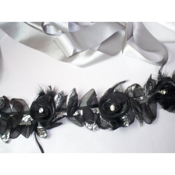 Black Bridal Wedding Belt Sash Rhinestone Feather Belt, Silver Black sash